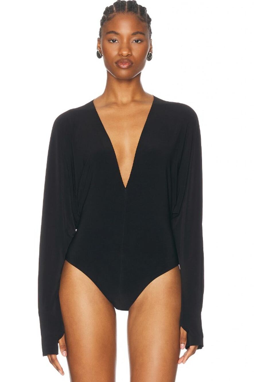 NORMA KAMALI Women's Dolman V Neck Bodysuit XS 34 Black Long Sleeve NWT